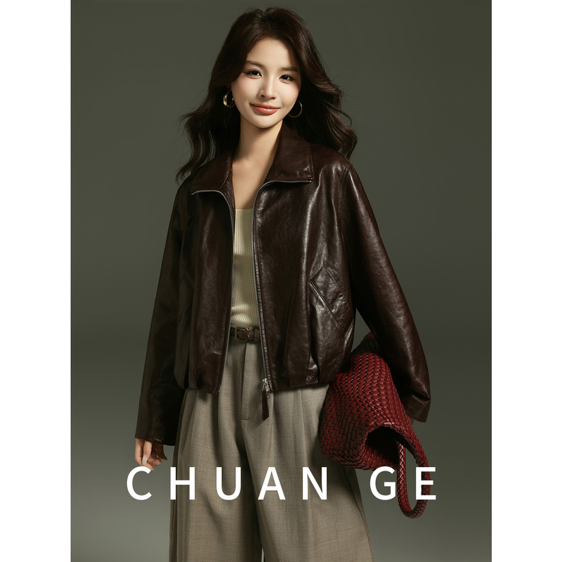 Chuan Ge Fur 2026 Minimalist Imported Oil Wax Lambskin Jacket Short Genuine Leather Coat for Petite Women