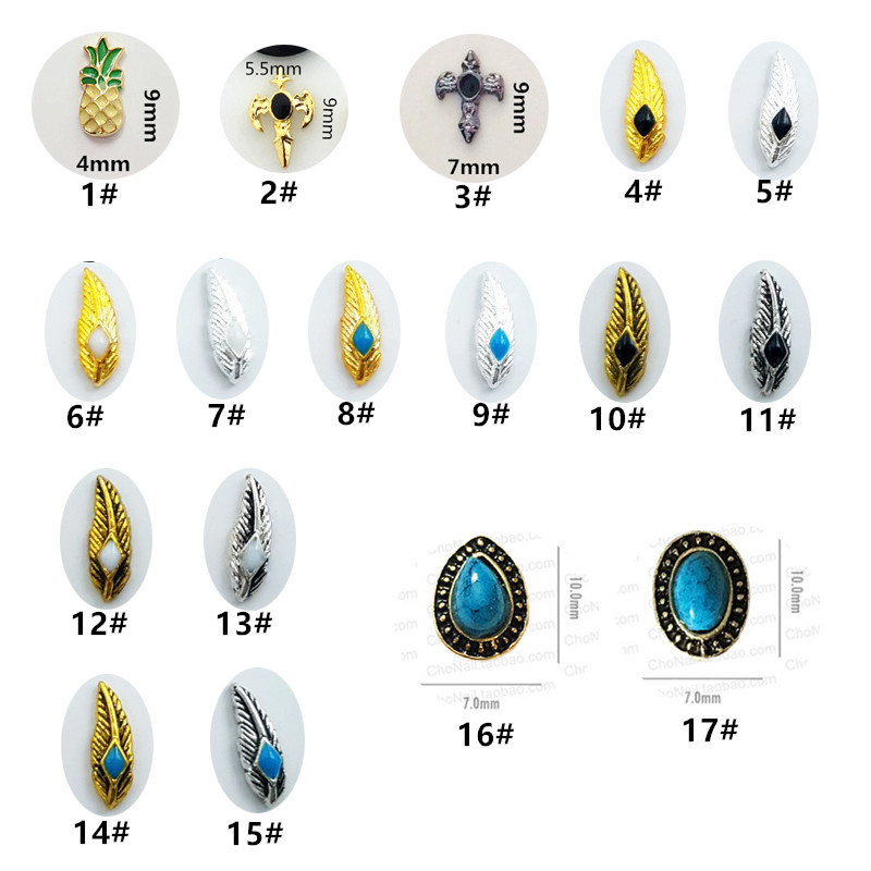 New Japanese-Style Metal Retro Oil-Drop Decorations Pineapple Feather Alloy Phototherapy Nail Stickers 10 Pieces
