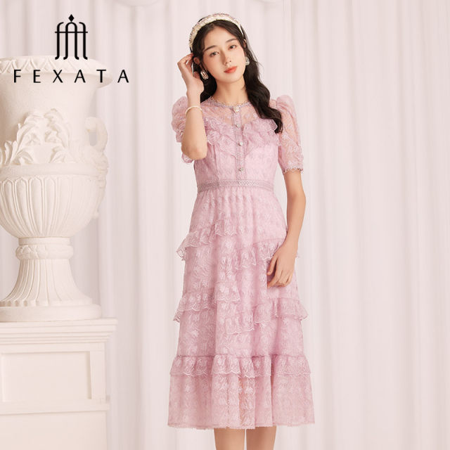 FEXATA Feiges Light Luxury Dress 2024 Summer New Romantic Mesh Lace Skirt