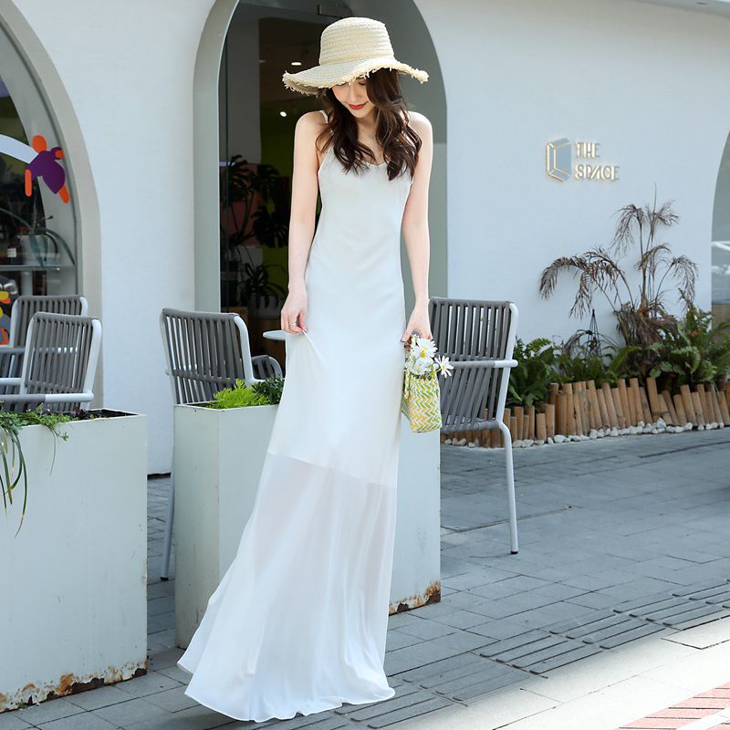 White Spaghetti Strap Dress, Summer Floor-Length Gown, Extra-Long Sexy Slip Dress, 175cm Tall, Ankle-Length Dress