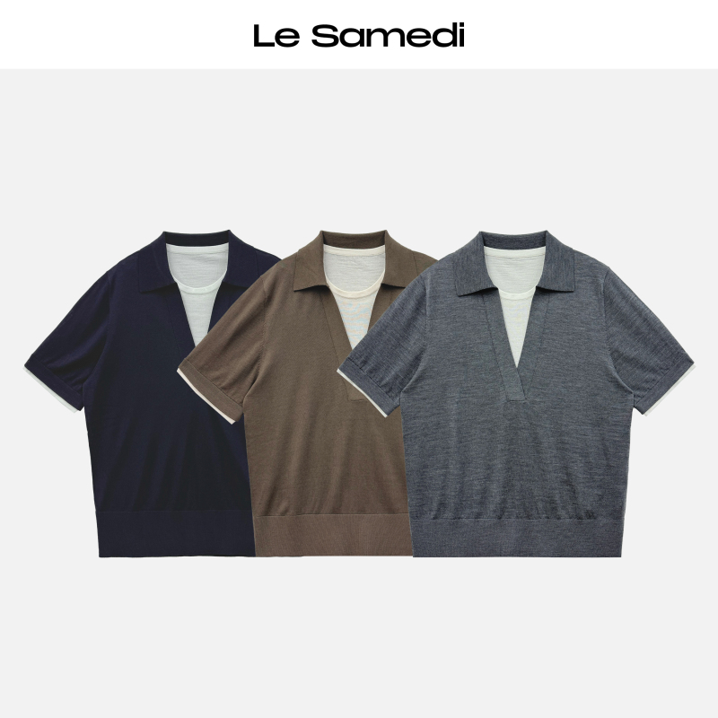 Le Samedi [Golf Preppy Style] Fake Two-Piece Color-Block V-Neck Short Sleeve Top for Women, New Spring Wool T-Shirt