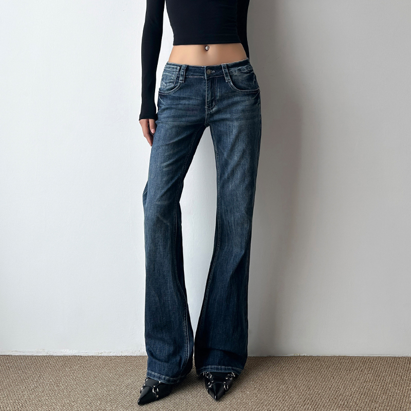 American Retro Dark Blue Low-Waist Flared Jeans for Women, New Summer Slim-Fit Stretch Bell-Bottom Pants
