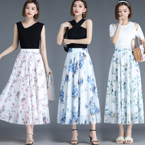 Chiffon printed skirt pleated skirt large swing womens summer 2021 new high-waisted a-word floral skirt medium-long section