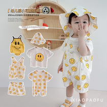 Summer male and female baby smiling face short sleeve T-shirt back with pants super cute baby one-piece clothes slim harnesses