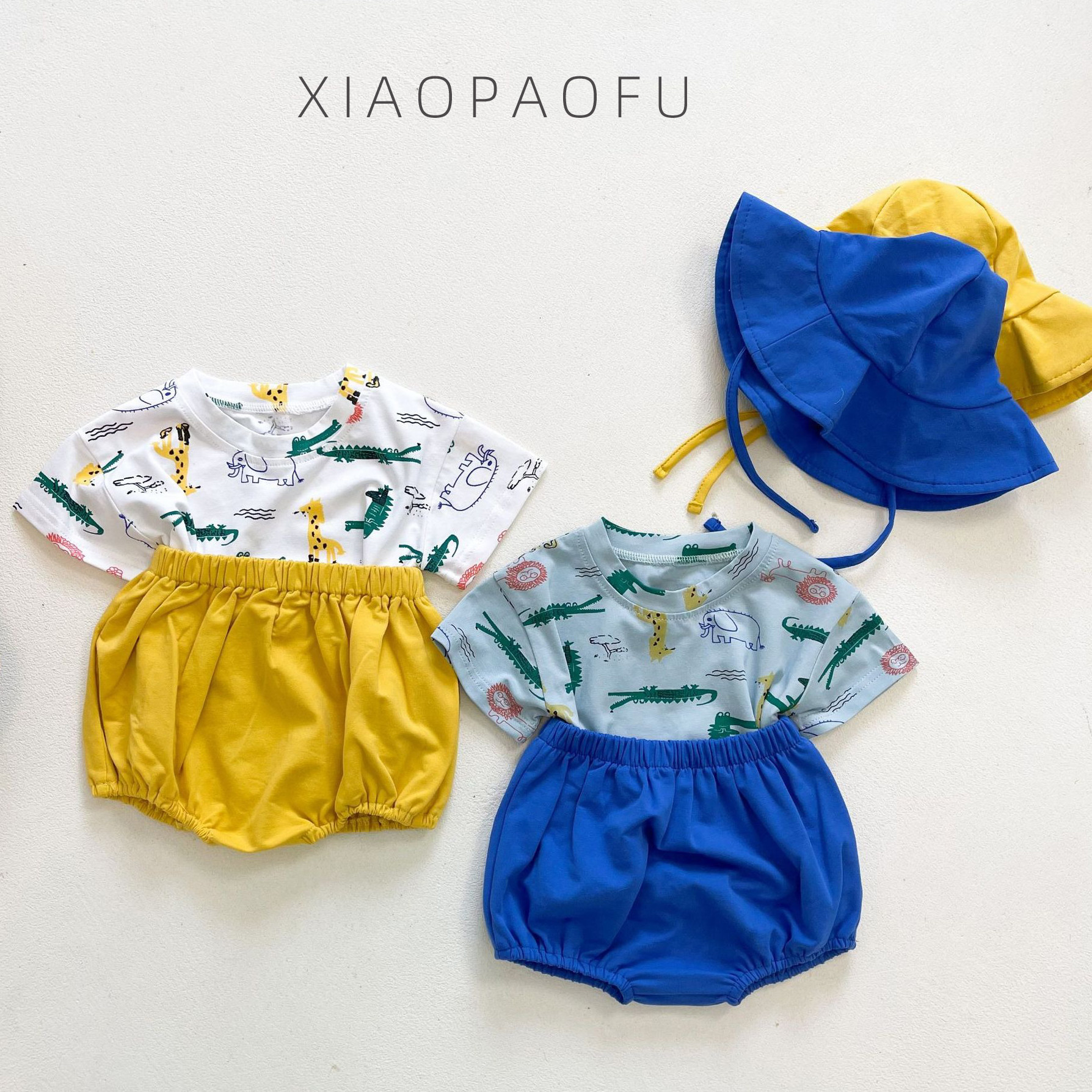 Summer male and female baby short sleeve cartoon printed foreign suit Baby cute T-shirt Triangle shorts Two sets of damp