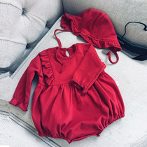 Korean Version 2020 Red Festive Princess Khaki Bag Farting Baby Spring Autumn Climbing Clothes Conjoined Clothes 100 Days Old Dress