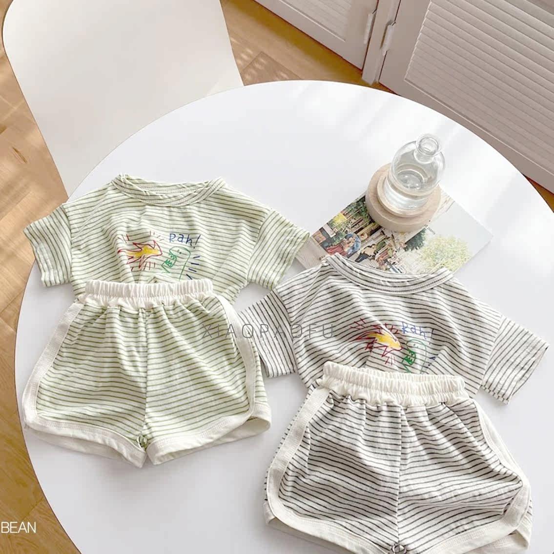 Male And Female Babies Cartoon Super Cute Dinosaur Striped T-shirt Suit Infant Short Sleeve Blouse Shorts Summer Children