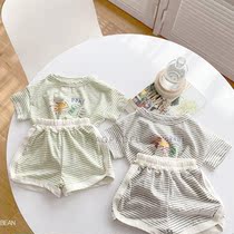 Male And Female Babies Cartoon Super Cute Dinosaur Striped T-shirt Suit Infant Short Sleeve Blouse Shorts Summer Children