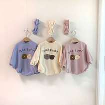 Korean version for male and female baby spring and autumn pure cotton one-piece clothes baby climbing with long sleeves cute little bear harater bag fart haircut