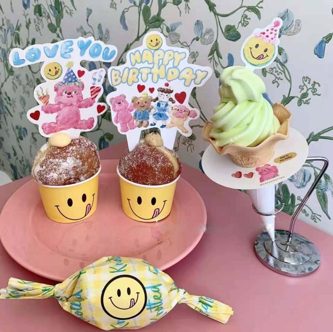 INS HAPPYBIRTHDAY happy birthday hand painted bear cake dessert baking gift decoration insert