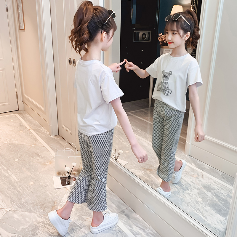 Girls summer dress two-piece Western style 2021 new short-sleeved trousers suit little girl thin section fashionable bear children's clothing