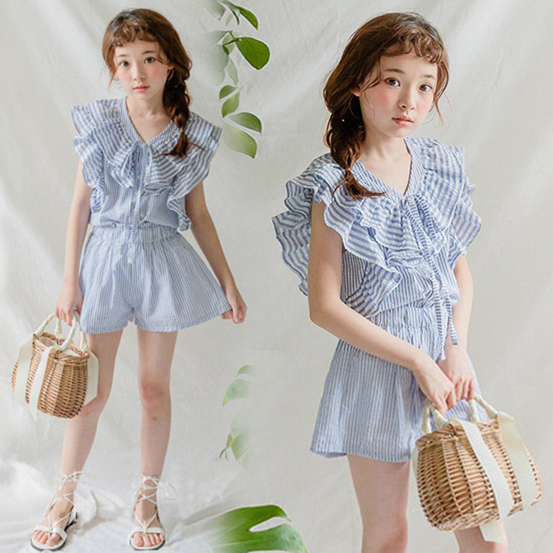 Tide Children Dress Girl Foreign Style Trendy Summer Thin sleeveless jacket shorts suit Fashion Stripes Summer Dress Two-piece Style