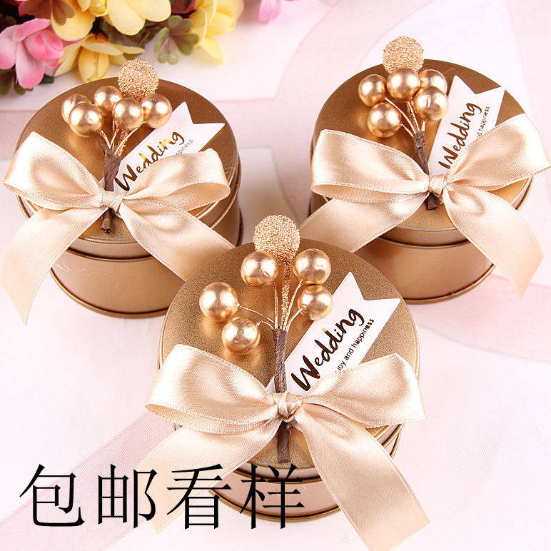 Wedding gift Candy box Tinplate box Personalized candy box Packing box Round gold European style hand gift Sen series