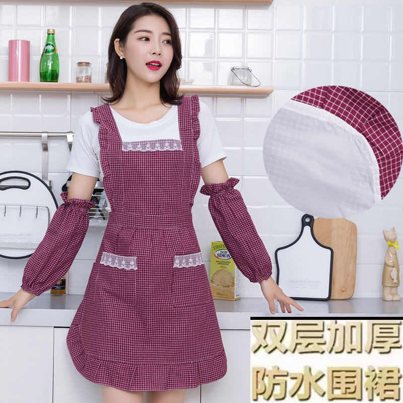 Waterproof and oil-proof apron women's home work cotton grid cute baby bag Korean version of the fashion kitchen cooking dining room cover