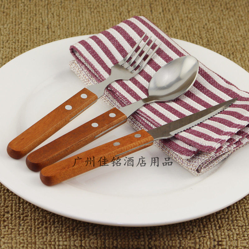 Wood Handle Steak Knife Fork Two-piece Suit Stainless Steel Western Dining Knife Fork Spoon Three Sets Cutlery Special Force Iron Plate Burning Cutlery