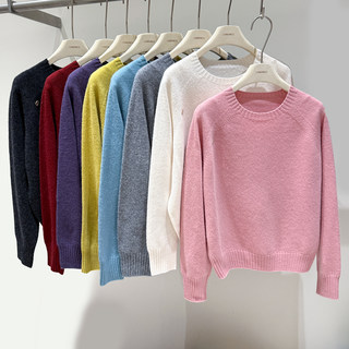 100% wool seamless/solid color round neck raglan long-sleeved sweater for women loose casual top sweater