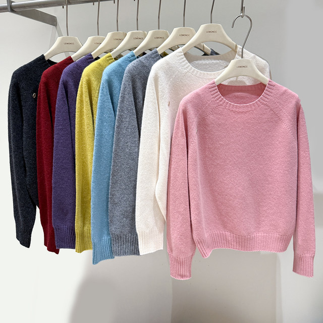 100% Wool Seamless One-Piece/Pure Color Crew Neck Raglan Long-Sleeve Knit Sweater for Women, Loose Casual Top Sweater