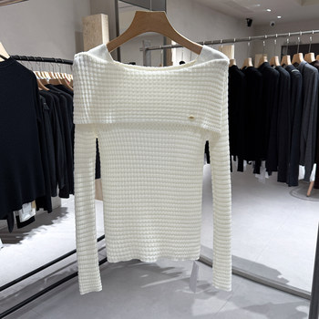 French-Style Elegant Wool Sweater 2025 Autumn New Collection Letter Logo Ruffled Off-Shoulder Sweater Top for Women