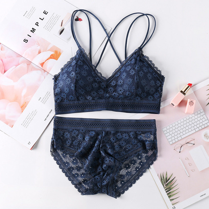Fashion Cross Strap Gathering No Steel Ring Bra Ladies Panties Underwear Set Tube Top Beauty Back Lace Edge