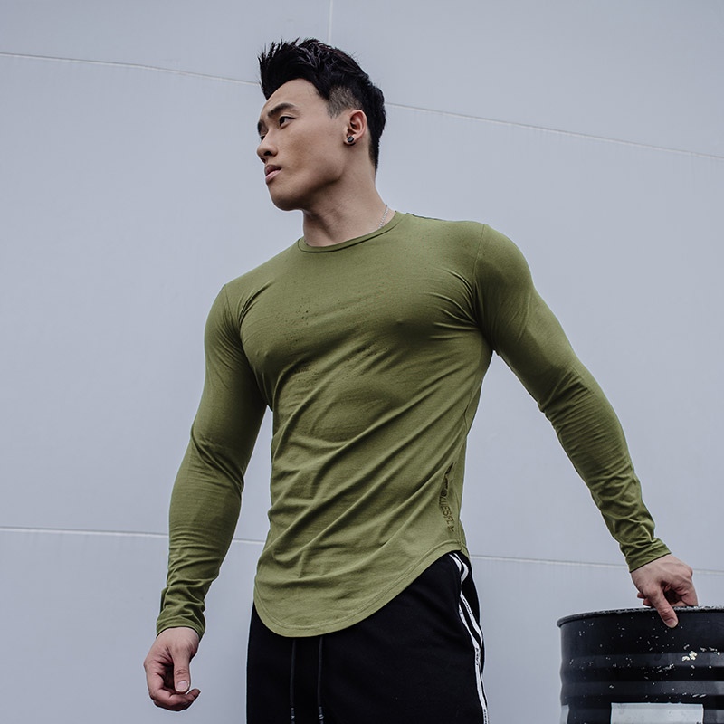 Pure color long sleeve sports T-shirt arc down swing round neckline body sweaters undershirt spring summer blouses training gym men