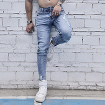 BLUESFLY jeans men summer Korean trend broken hole muscle men fitness elastic slim feet ankle-length pants