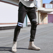 BLUESFLY SPORTS CASUAL PERSONALITY TIGHT PANTS BLACK BROKEN HOLE JEANS ORIGINAL TIDE CARD 100 LAP SPORTS PANTS