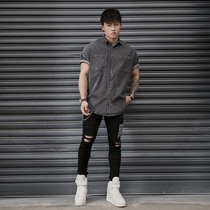 BLUESF fitness jeans mens hole trend casual Joker high-play squat trousers muscle mens sweatpants