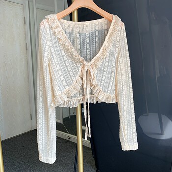 ແບບດຽວກັນຂອງ zhang mi tang, ຮຸ່ນ lace ສູງ, retro, ອ່ອນໂຍນ, ຫຼາກຫຼາຍຊະນິດ, elegant, cardigan ສັ້ນ breathable, ເສື້ອຢືດປ້ອງກັນແດດແຂນຍາວ