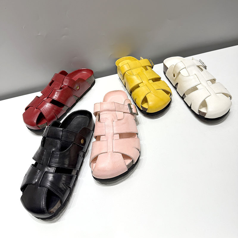 Washed Horse Leather Birkenstock-Style Clogs for Women, Roman-Style Thick-Soled Birkenstock Shoes, Genuine Leather Woven Pig Cage Sandals
