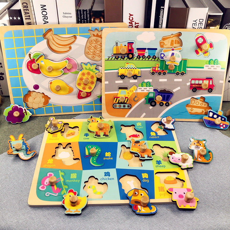 Wooden Puzzle Children Early Education of Puzzle Male and Men's Wisdom Development Hand Grip Cognitive Jigsaw Toys 2-3-4 years old