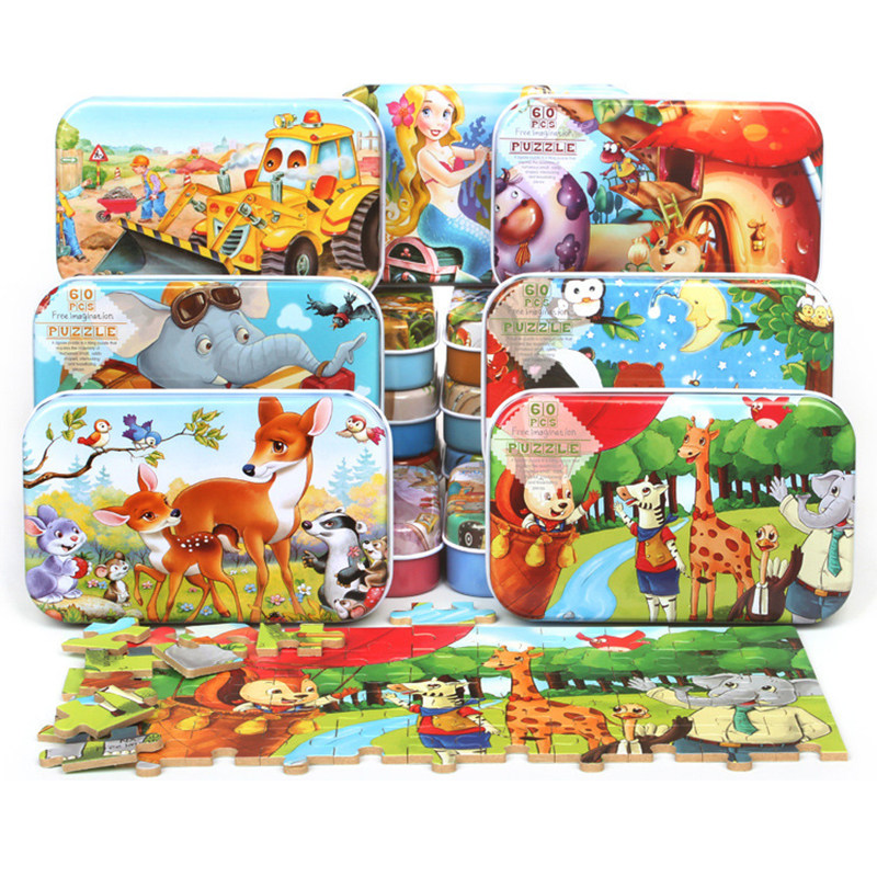Children's Educational Toys 3-6 Years Old Kindergarten Baby Puzzle Wooden 60 Pieces Cartoon Puzzle Toys Iron Box - Taobao