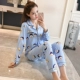 Bộ đồ ngủ nữ dài tay cardigan mùa xuân và mùa thu của phụ nữ Hàn Quốc Kích thước lớn Nút mỏng mùa xuân Mùa hè Dịch vụ tại nhà Bộ hai mảnh áo ngủ