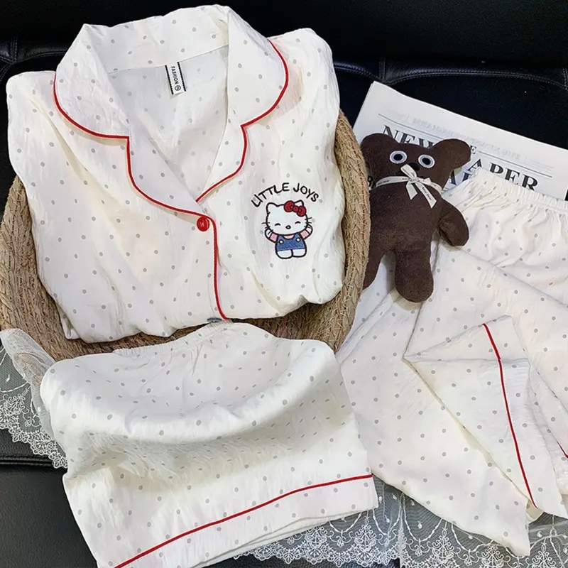 2026 Summer Pure Cotton Pajamas for Women, Thin Short-Sleeve Long Pants Three-Piece Set, Loose Fit, Plus Size, Cute Style, Heart Pattern Homewear