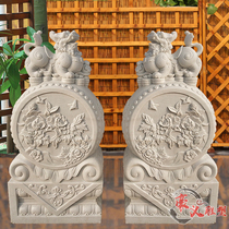 Stone sculpted Han white jade door mound with drumstone pair of lions beasts head leopard cuddles with small pictureso marble look at the doorway hem