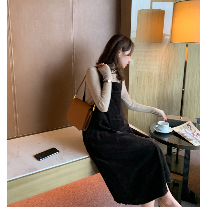 ◆AMUM Maternity Dress ◆Shoulders Suspenders Skirt ~ Brown Corduroy Dress Knitted Turtleneck Top Set