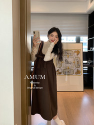 AMUM maternity wear Maillard outfit ~ Retro autumn and winter corduroy bow suspender skirt dress