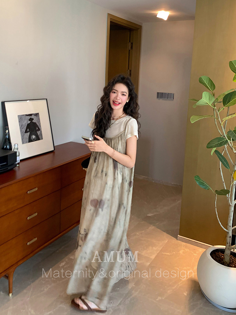◆ Amum Maternity Wear ◆ Outfits for Pregnant Moms~ Vintage Pleated Stylish Summer Dress That Doesn'T Show Pregnancy, Loose-Fitting Strap Dress. — 24