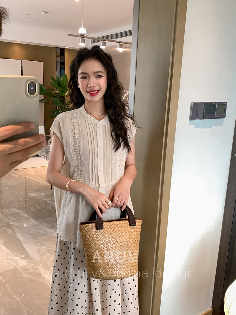 ◆AMUM孕妇装◆孕期套装穿搭~麻无袖洋气上衣复古小衫波点半身裙 — 32