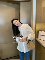 ◆AMUM maternity wear◆Solid color stand-up collar shirt with pleated design loose-fitting hot mom skin-friendly cotton top