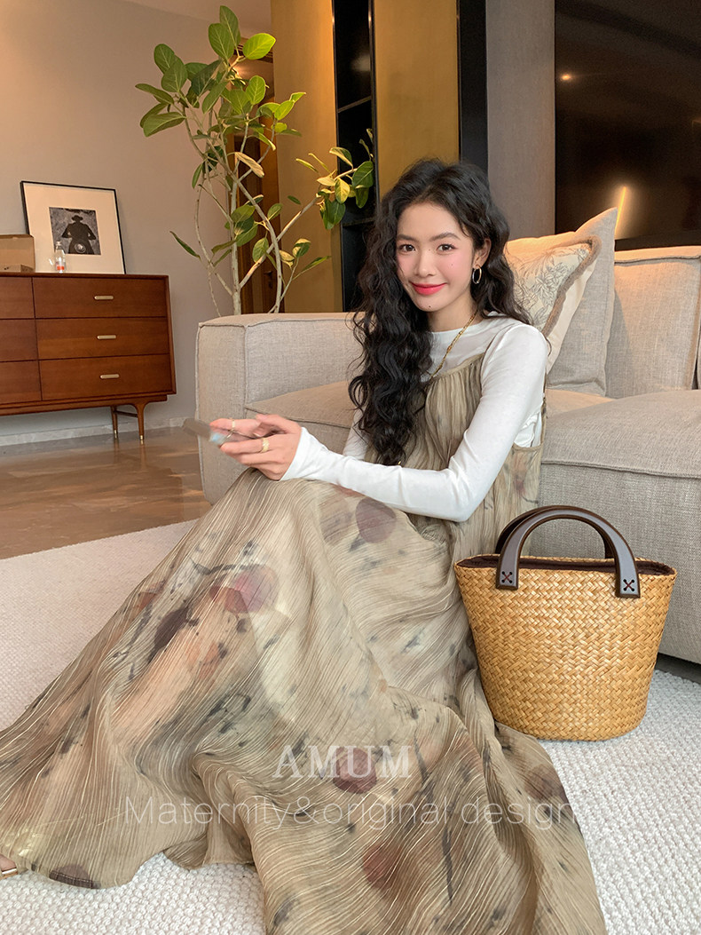 ◆ Amum Maternity Wear ◆ Outfits for Pregnant Moms~ Vintage Pleated Stylish Summer Dress That Doesn'T Show Pregnancy, Loose-Fitting Strap Dress. — 37