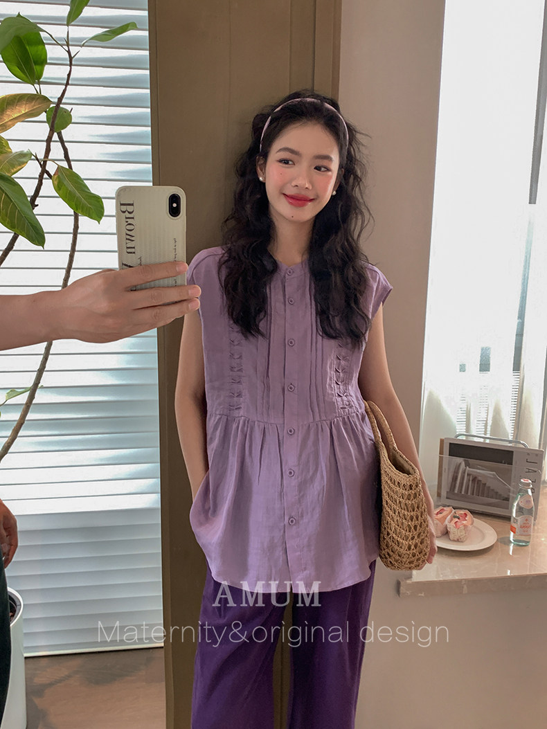 ◆AMUM孕妇装◆孕期套装穿搭~麻无袖洋气上衣复古小衫波点半身裙 — 28