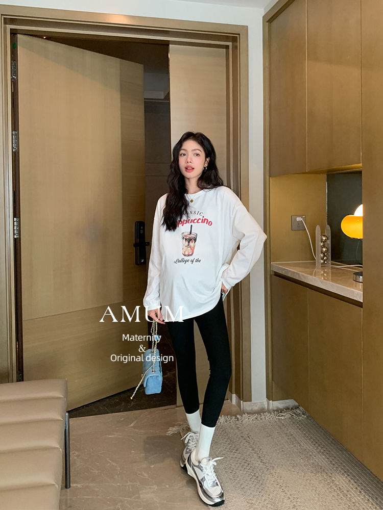 AAM M U M Pregnancy Women Dress with a new favorite ~ white round collar printed long sleeve t-shirt autumn winter loose cotton blouses-Taobao