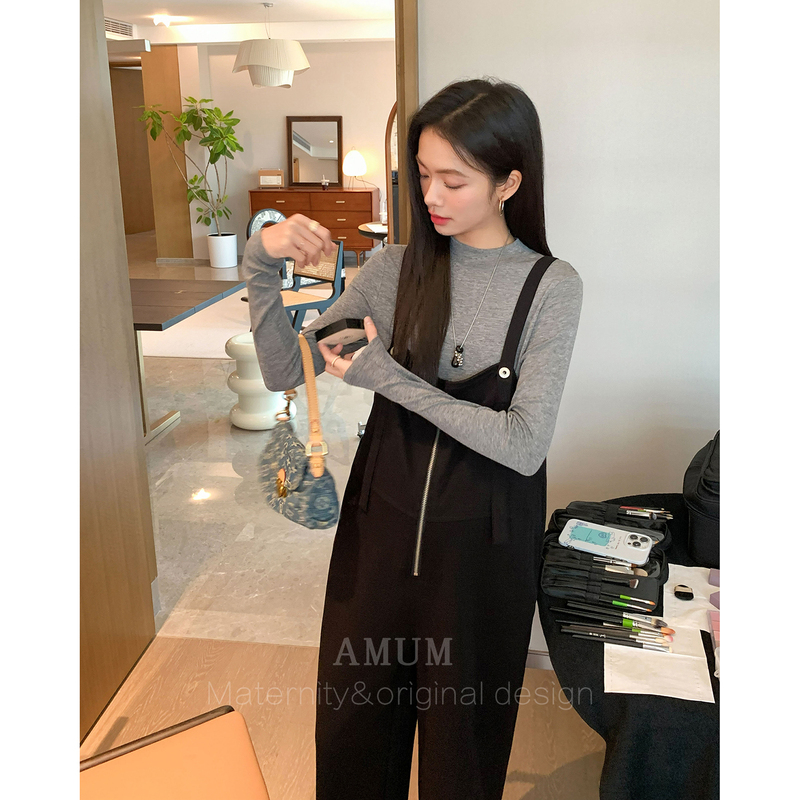 ◆ Amum Maternity Wear ◆ Trendy and Casual ~ Half-Zip Design Suspender Straight-Leg Casual Wide-Leg Overalls ◆ Amum Maternity Wear ◆ Trendy and Casual ~ Half-Zip Design Suspender Straight-Leg Casual Wide-Leg Overalls