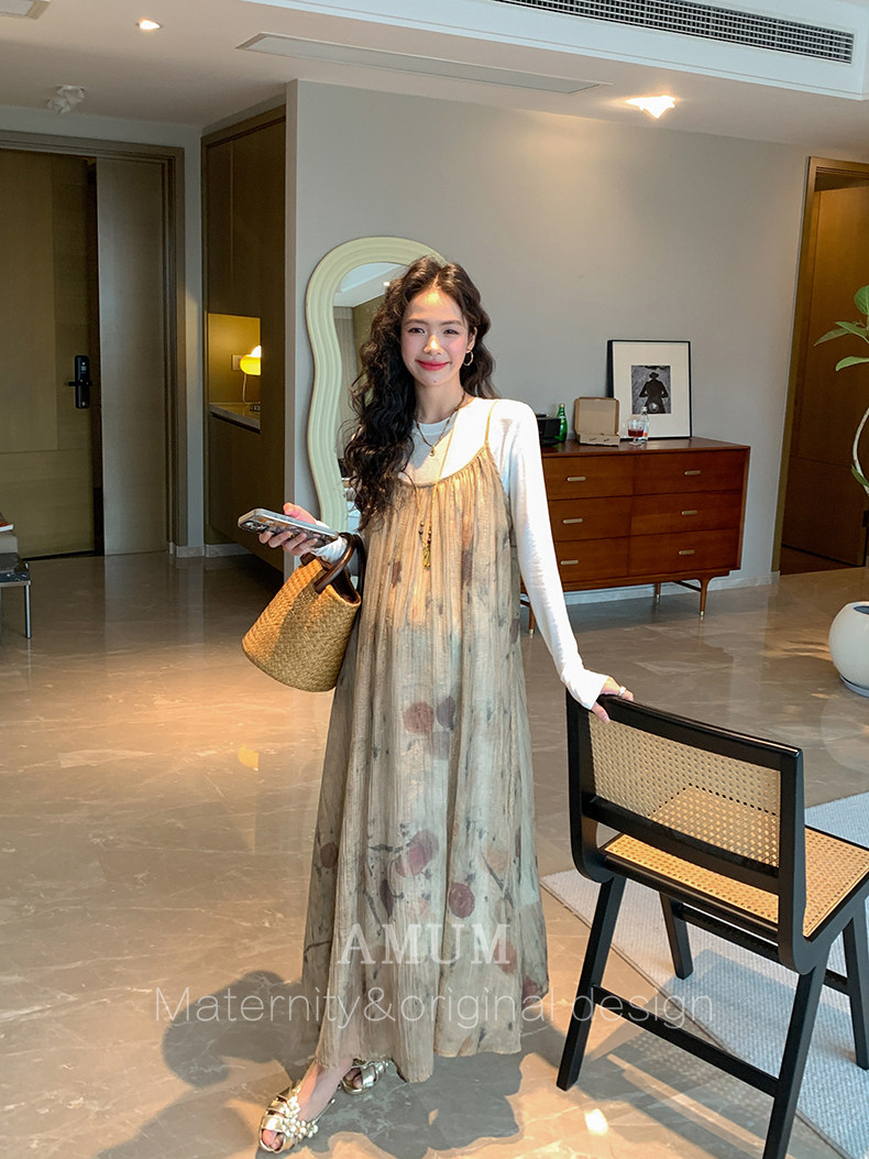 ◆ Amum Maternity Wear ◆ Outfits for Pregnant Moms~ Vintage Pleated Stylish Summer Dress That Doesn'T Show Pregnancy, Loose-Fitting Strap Dress. — 39