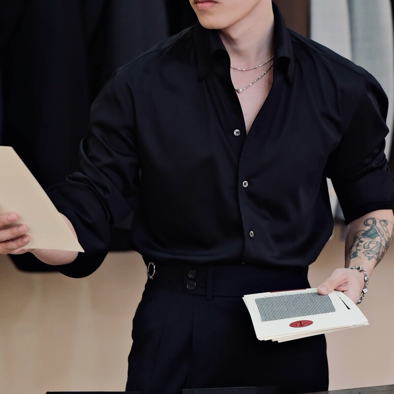 Seekmited Black Non-Iron One-Collar Waterfall Sleeve Shirt, Stylish and Niche High-End Bamboo Fiber Shirt