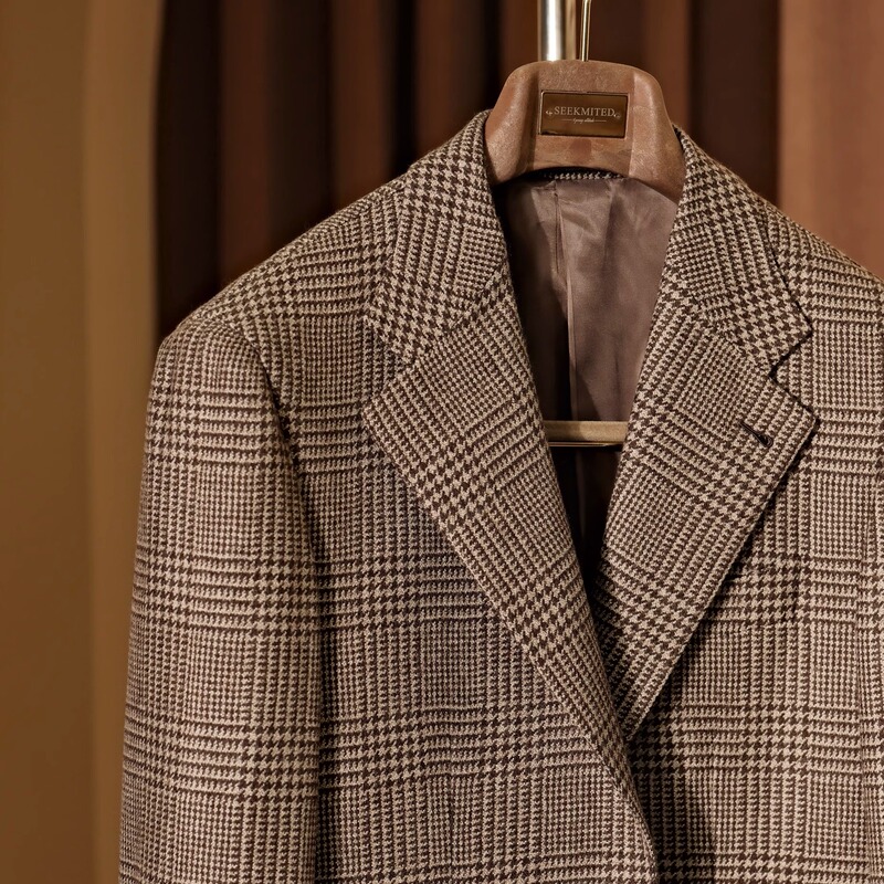 Seekmited Brown Houndstooth Plaid Italian-Style Wool Handmade Milanese Eyelet Suit with a High-End Feel Seekmited Brown Houndstooth Plaid Italian-Style Wool Handmade Milanese Eyelet Suit with a High-End Feel