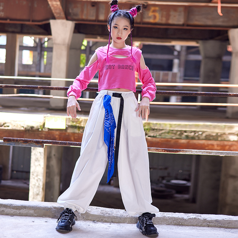 Children's Street Dance Show Rose Hipper White Broad Legs Trousers Kit Hiphop Girl Jazz Dance Clothing
