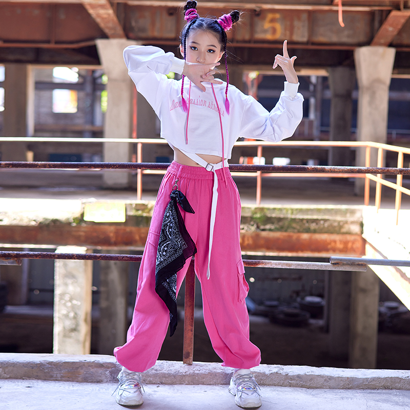 Girls jazz dance costume catwalk costume rose red trousers white crop top jazz children's street dance suit