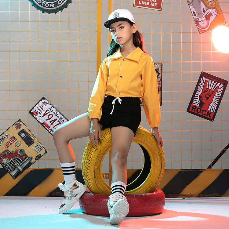 Cô gái Hàn Quốc nhảy jazz quần áo trẻ em hip hop dây rốn dây rút dài tay áo khoác trẻ em thể hiện trang phục thủy triều trang phục biểu diễn đẹp