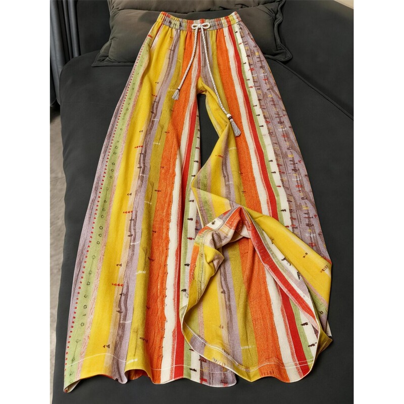 Ice Silk Dopamine Rainbow Striped Wide-Leg Pants for Women, Summer Lazy and Relaxed Bohemian Vacation Style Beach Pants